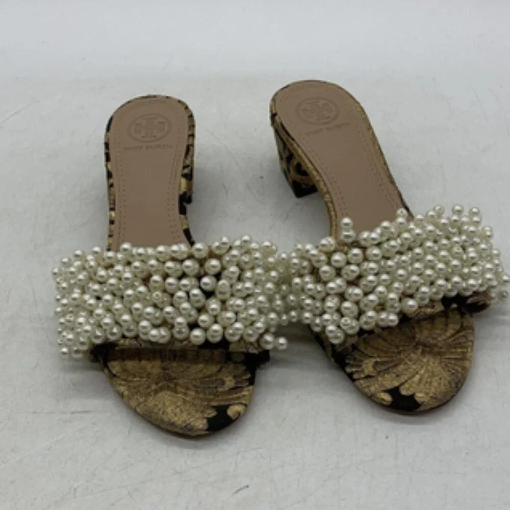TORY BURCH Tatiana White Pearl Black Gold Brocade Slides Sandal 6M